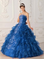 Blue Ball Gown Strapless With Satin and Organza Embroidery For Discount Quinceanera Dress