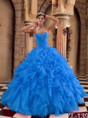 Blue Ball Gown Sweetheart Floor-length Ruffles Organza Beautiful Quinceanera Dress