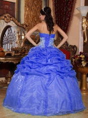 Blue Beading Organza Appliques and Pick Ups Strapless Ball Gown Dress