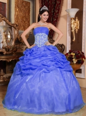 Blue Beading Organza Appliques and Pick Ups Strapless Ball Gown Dress