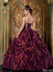 Burgundy Strapless Taffeta Appliques Ball Gown Dress with Pick Ups and Beading