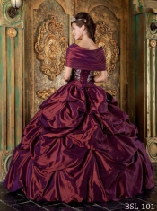 Burgundy Strapless Taffeta Appliques Ball Gown Dress with Pick Ups and Beading