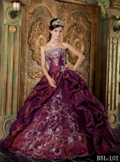 Burgundy Strapless Taffeta Appliques Ball Gown Dress with Pick Ups and Beading