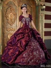Burgundy Strapless Taffeta Appliques Ball Gown Dress with Pick Ups and Beading