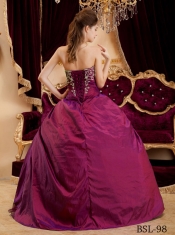 Burgundy Taffeta and Tulle Appliques Sweetheart Ball Gown Dress with Beading and Ruching