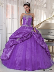 Cheap Purple Ball Gown Strapless Floor-length Taffeta and Tulle Appliques For Sweet 16 Dresses