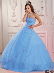 Classical Discount Quinceanera Dress Ball Gown Sweetheart With Tulle Appliques In Baby Blue
