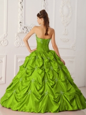 Classical Olive Green Ball Gown Strapless With Taffeta Appliques and Beading For Quinceanera Dress