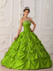 Classical Olive Green Ball Gown Strapless With Taffeta Appliques and Beading For Quinceanera Dress