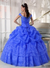 Classical Quinceanera Dresses In Blue Ball Gown Off The Shoulder With Taffeta and Organza Beading