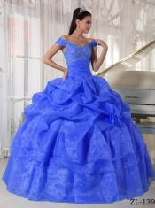 Classical Quinceanera Dresses In Blue Ball Gown Off The Shoulder With Taffeta and Organza Beading
