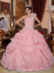 Classical Quinceanera Dresses In Pink Ball Gown One Shoulder With Organza Appliques