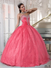 Classical Watermelon Ball Gown Sweetheart With Taffeta and Organza Appliques For Quinceanera Dresses