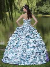 Colorful Printing and Organza Beaded Waist Pretty Quinceanera Dresses with Pick-ups and Ruffles Brush Train 2013