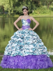Colorful Printing and Organza Beaded Waist Pretty Quinceanera Dresses with Pick-ups and Ruffles Brush Train 2013
