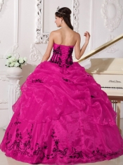 Coral Red and Black Ball Gown Strapless Quinceanera Dress with Organza Appliques