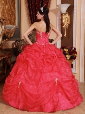 Coral Red Appliques Organza Sweetheart  with Beading and Pick Ups Ball Gown Dress