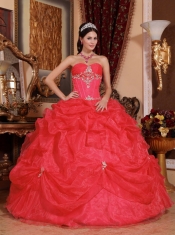 Coral Red Appliques Organza Sweetheart  with Beading and Pick Ups Ball Gown Dress