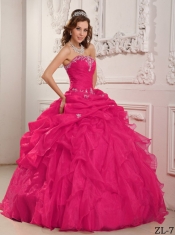 Coral Red Ball Gown Strapless 15th Birthday Dresses Organza Beading And Ruffles