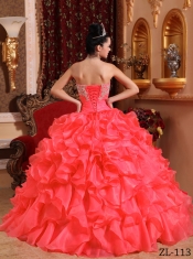 Coral Red Ball Gown Strapless Floor-length Organza Beading and Appliques Beautiful Quinceanera Dress