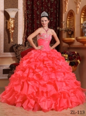 Coral Red Ball Gown Strapless Floor-length Organza Beading and Appliques Beautiful Quinceanera Dress