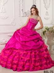 Coral Red Ball Gown Strapless Floor-length Taffeta Beading Quinceanera Dress
