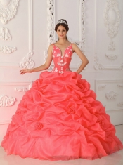 Coral Red Ball Gown Straps Satin and Organza Appliques 15th Birthday Dresses