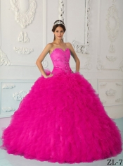 Coral Red Ball Gown Sweetheart Floor-length Satin and Organza Beading Beautiful Quinceanera Dress
