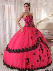 Coral Red Straps Ball Gown Lace-up Appliques Spring Quinceanera Dresses 2014 Taffeta and Organza