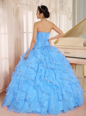 Custom Made Blue Ruffles and Beaded Aqua Quinceanera Dress For Beautiful Grils