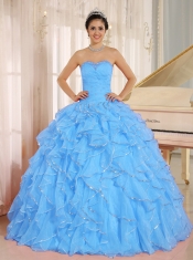 Custom Made Blue Ruffles and Beaded Aqua Quinceanera Dress For Beautiful Grils