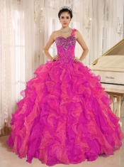 Custom Made Corala Red One Shoulder Beaded Decorate Ruffles Quinceanera Dress In Spring