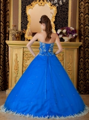 Cute Discount Blue Ball Gown Strapless With Tulle Lace Appliques Quinceanera Dress