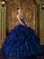 Dark Blue Ball Gown Strapless Floor-length Quinceanera Dress with Organza Ruffles