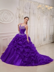 Dark Purple Ball Gown Spaghetti Straps Court Train Quinceanera Dress with Organza Beading