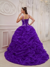 Dark Purple Ball Gown Spaghetti Straps Court Train Quinceanera Dress  with Organza Beading
