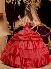 Discount Quinceanera Dress In Coral Red Ball Gown Sweetheart With Taffeta Appliques
