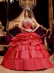 Discount Quinceanera Dress In Coral Red Ball Gown Sweetheart With Taffeta Appliques