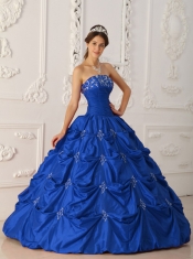 Discount Quinceanera Dress In Dark Blue Ball Gown Strapless WithTaffeta Appliques and Beading