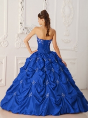 Discount Quinceanera Dress In Dark Blue Ball Gown Strapless WithTaffeta Appliques and Beading