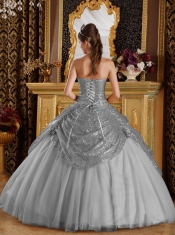 Discount Quinceanera Dress In Grey Ball Gown Sweetheart With Sequined and Tulle Handle Flowers