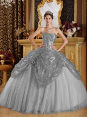 Discount Quinceanera Dress In Grey Ball Gown Sweetheart With Sequined and Tulle Handle Flowers