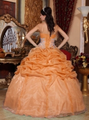 Discount Quinceanera Dress In Orange Ball Gown Strapless With Organza Appliques