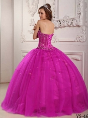 Elegant Ball Gown Strapless 15th Birthday Dresses Tulle Beading Fuchsia