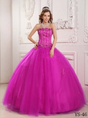 Elegant Ball Gown Strapless 15th Birthday Dresses Tulle Beading Fuchsia