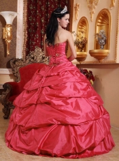 Elegant Coral Red Ball Gown Taffeta Sweetheart Floor-length Cheap Quinceanera Dresses