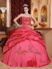 Elegant Coral Red Ball Gown Taffeta Sweetheart Floor-length Cheap Quinceanera Dresses