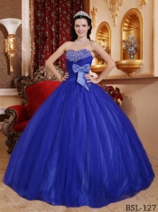 Elegant Floor-length Sweetheart Blue Ball Gown Tulle and Tafftea Beading Beautiful Quinceanera Dress 2014
