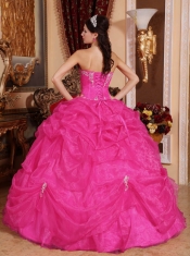 Elegant Hot Pink Ball Gown Sweetheart Floor-length Organza Beading For Sweet 16 Dresses