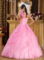 Elegant Pink Ball Gown One Shoulder Floor-length Appliques Tulle For Sweet 16 Dresses
